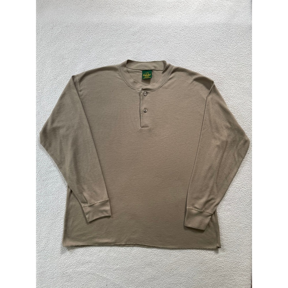 Vintage‎ Made in USA Cabelas Mens X-Large Henley Shirt Tan Long Sleeve Polyester